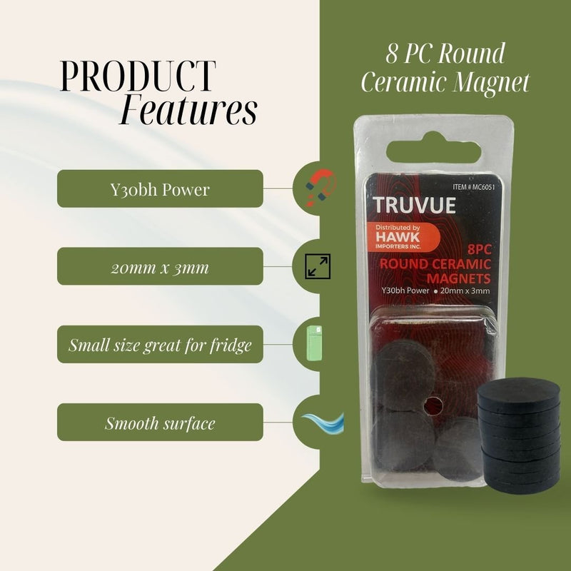 TRUVUE: 8 Piece Set Of Disc Shaped 1 Inch X 1/8 Inch Ceramic Magnets - MC-06051 - ToolUSA
