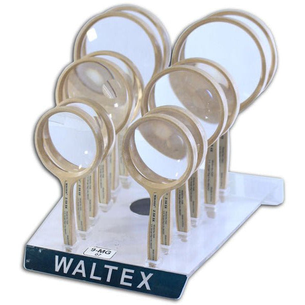 WALTEX 12 Piece Magnifying Glass Set with an Acrylic Display Rack, Wood Finish: MP7522W - MP7522W - ToolUSA
