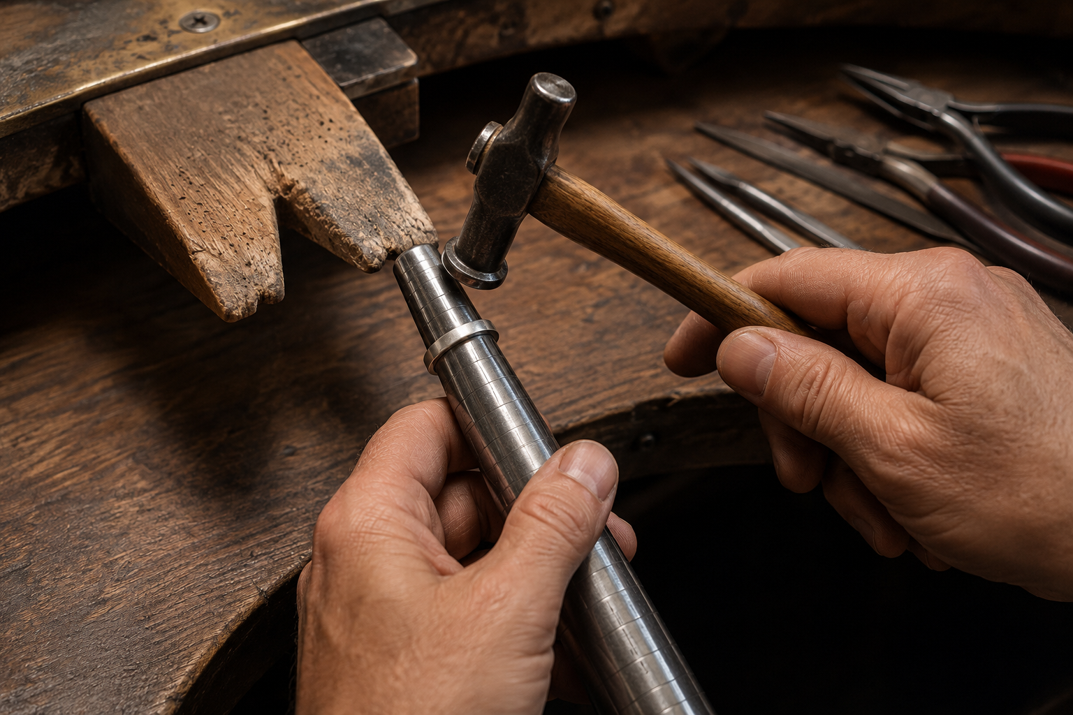 Jeweler shaping a silver band on a mandrel