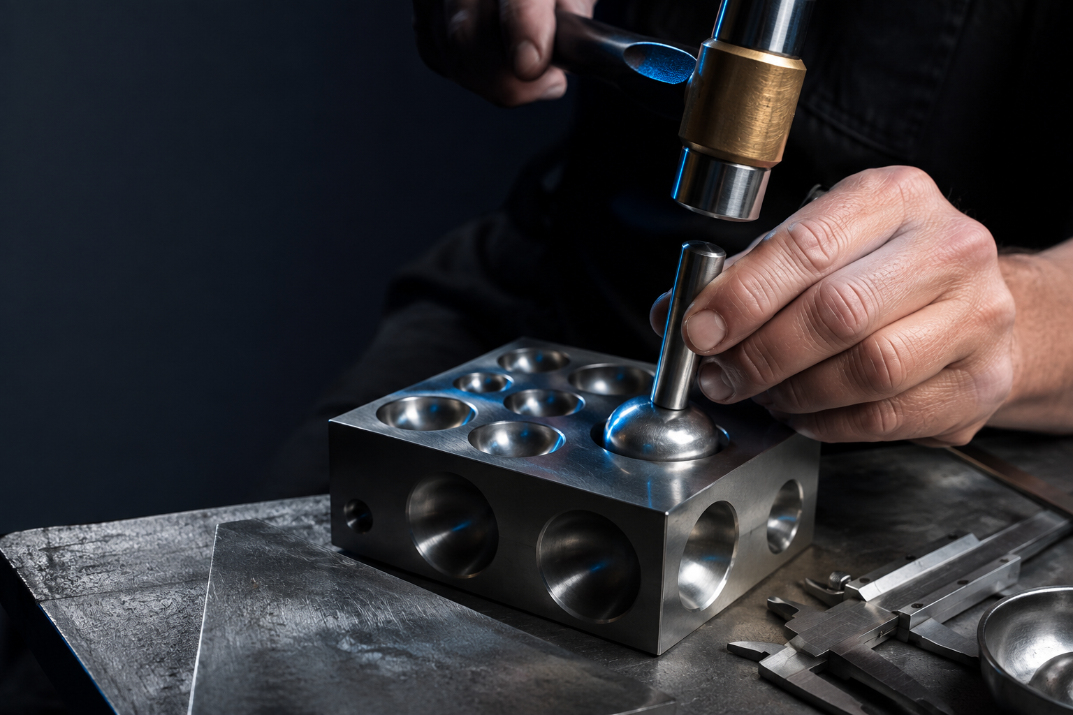 Jeweler using a dapping block and punch at a working bench