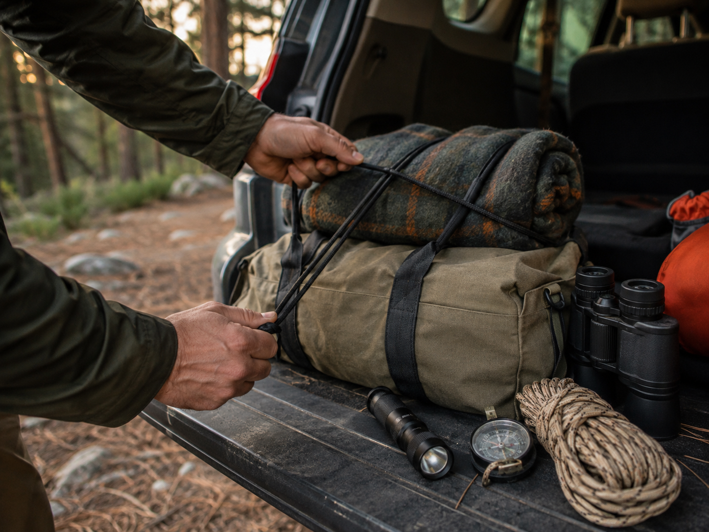 Camper securing a blanket and duffle with a bungee cord