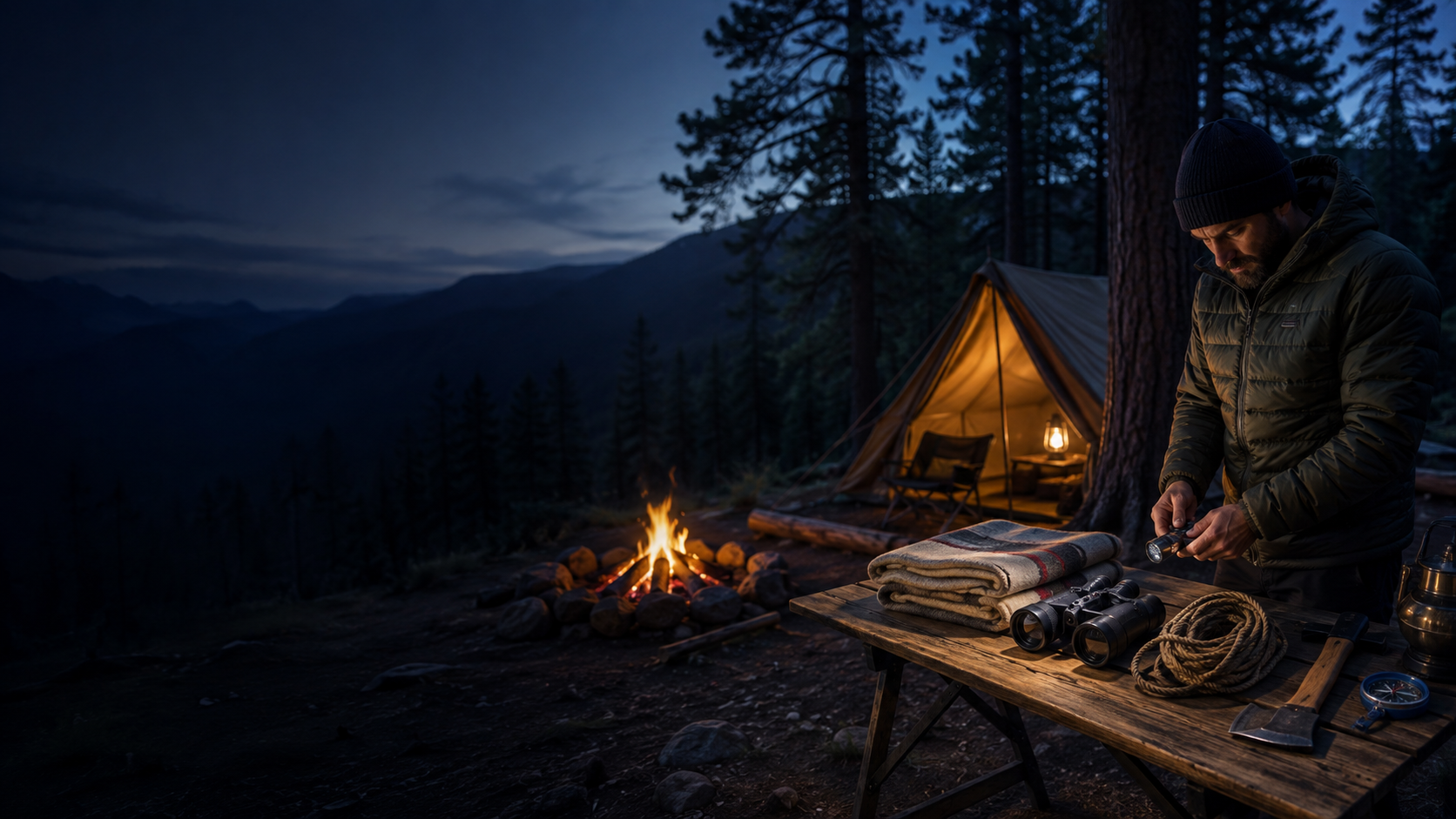 Camper preparing practical outdoor gear at a forest campsite