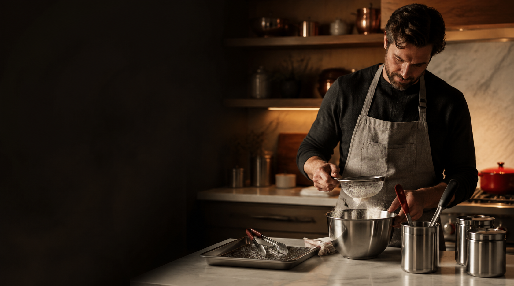 Home cook working with practical stainless steel kitchen tools