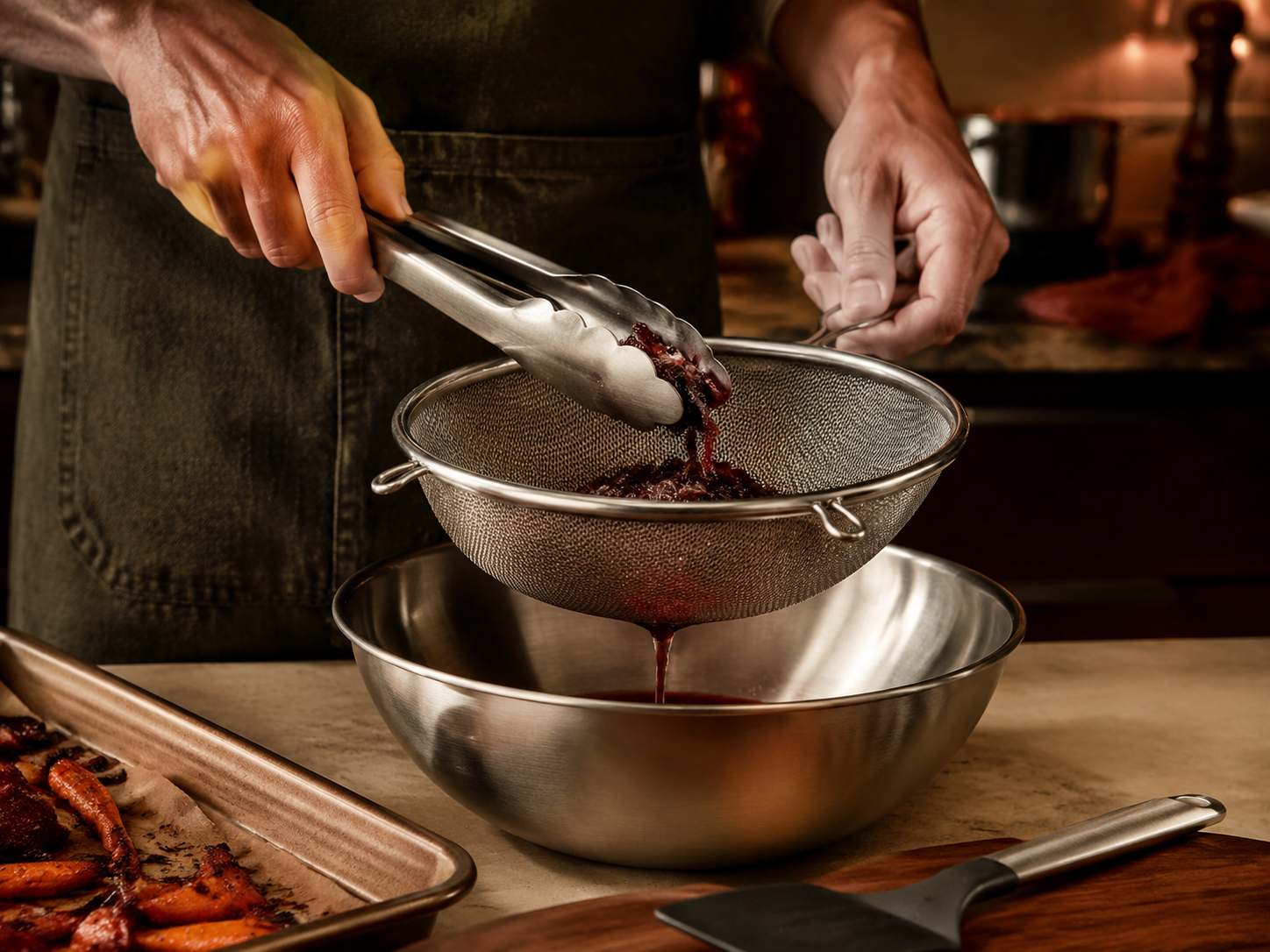 Cook using stainless steel tongs, sieve and mixing bowl