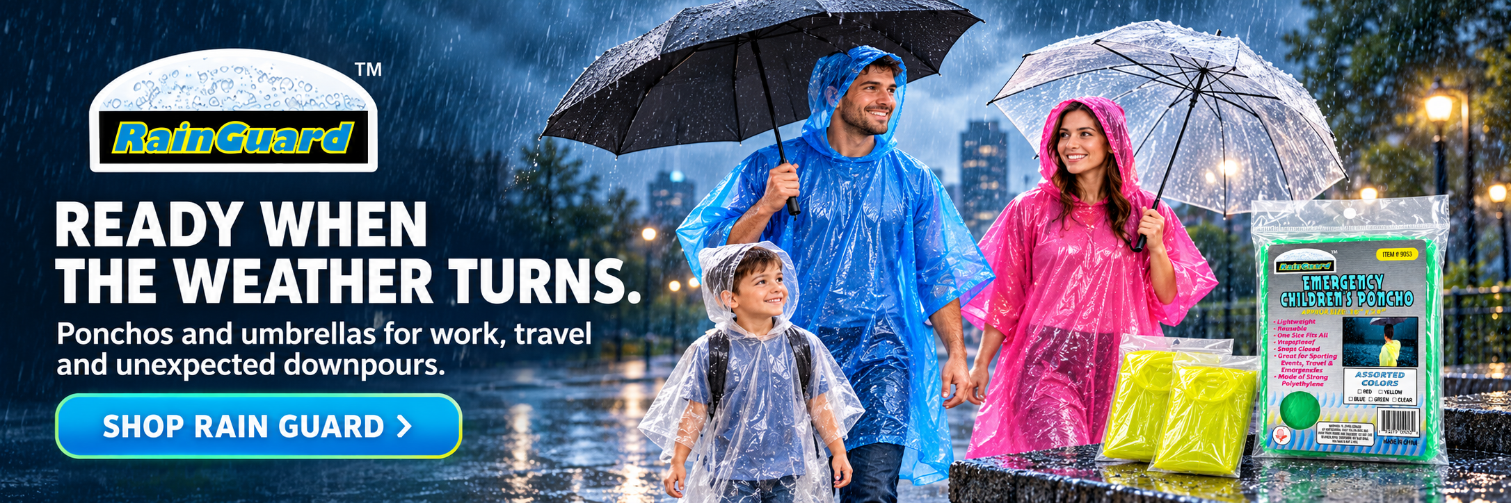 RAIN GUARD ponchos and umbrellas for wet weather